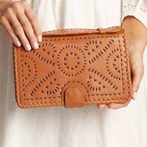 Cleobella Mexicana Cognac Leather Hand Tooled Clutch Purse Wallet Boho